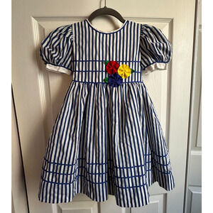 VTG Sylvia Whyte Little Girls Size 4 Blue & White Stripe Puff Sleeve Party Dress